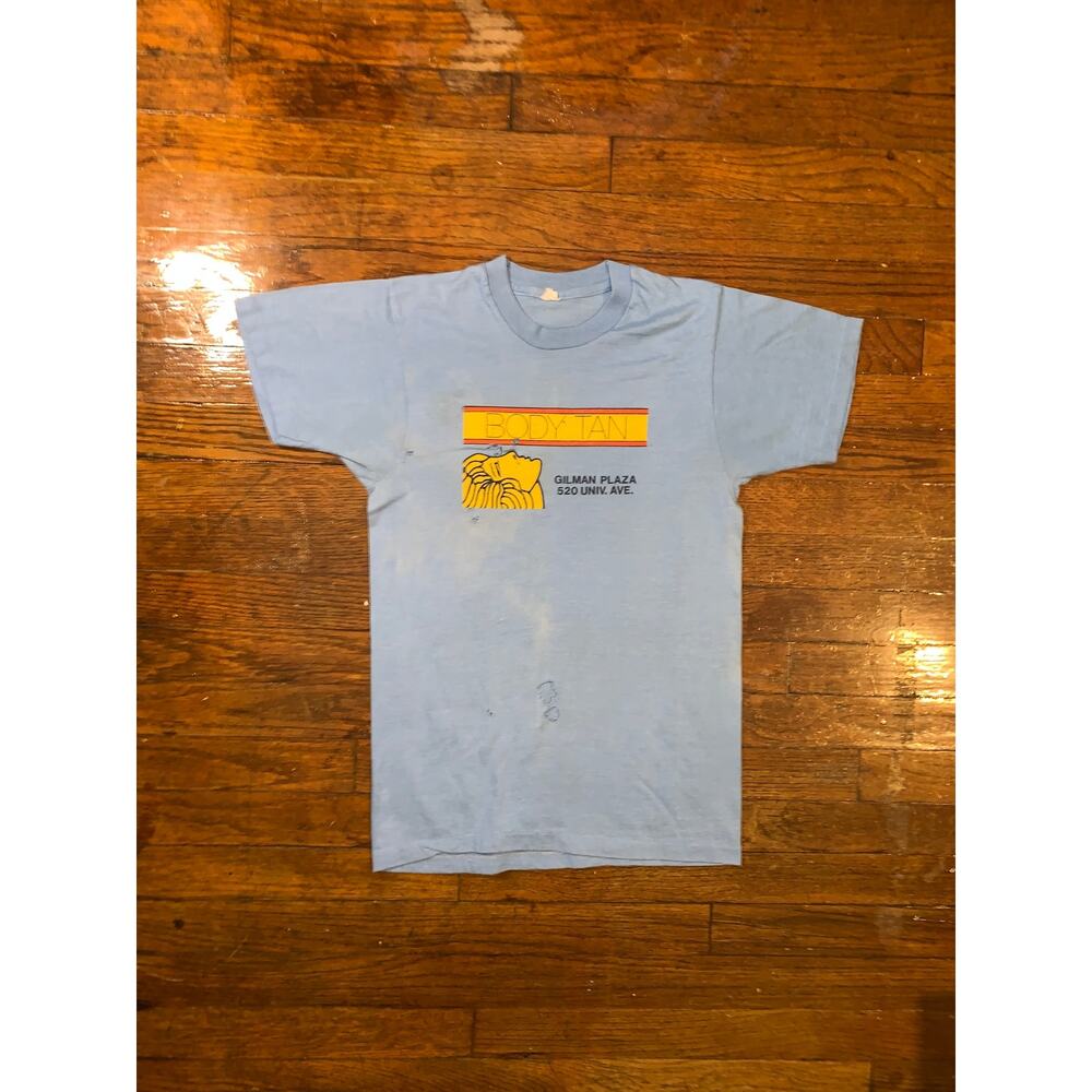 Vintage 80s Body Tan Madison Wisconsin T Shirt XS Blue Thrashed Distressed Tee